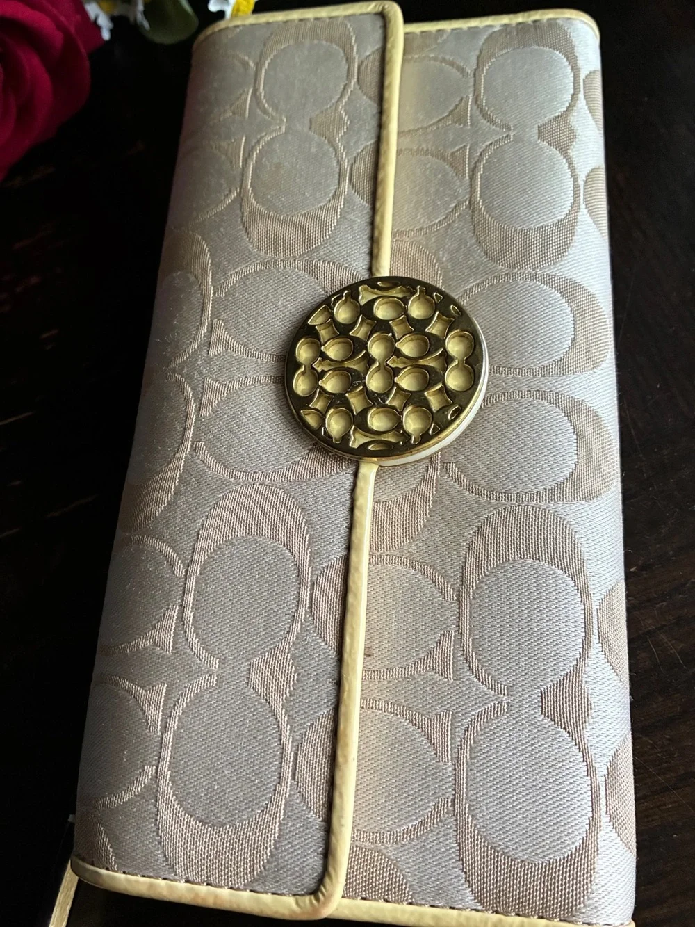 Coach Beige and Cream Signature Continental Wallet with Gold Accent
